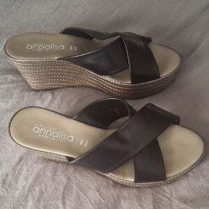 Women's Black Wedge Sandals Annalisa Fasion Made In Italy Sz38 Euro 7.5, 8 Usa
